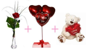 True Love - Single Rose, Box of Chocolates & Teddy Bear Bundle